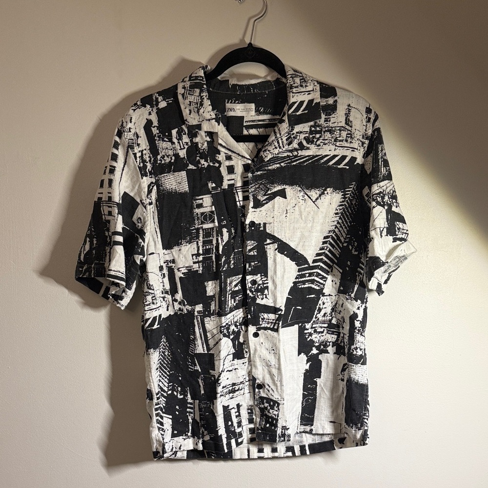 Black and White Abstract Buildings Linen Button Up